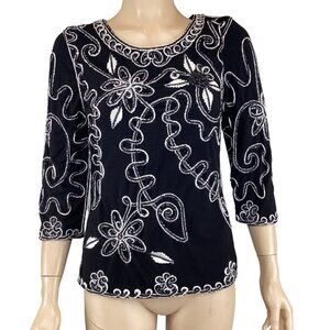 Lauren Michelle Vintage Top Size Small Cottagecore Black Embroidered Long Sleeve
